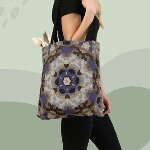 Retro Mandala Flower Blue Tan and Brown Tote Bag