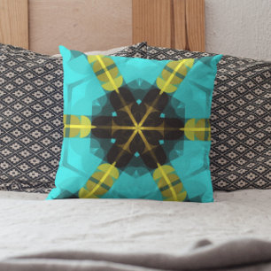 Retro Mandala Flower Blue Yellow and Black Cushion