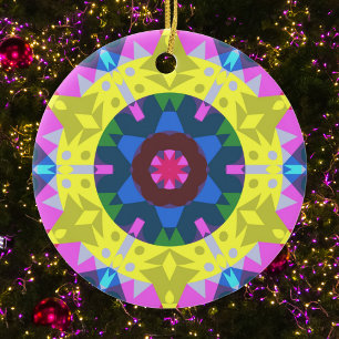 Retro Mandala Flower Blue Yellow and Pink Ceramic Ornament
