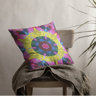 Retro Mandala Flower Blue Yellow and Pink Cushion