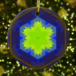 Retro Mandala Flower Green and Blue Ceramic Ornament