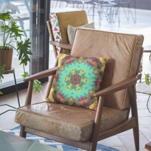 Retro Mandala Flower Green Purple and Orange Cushion