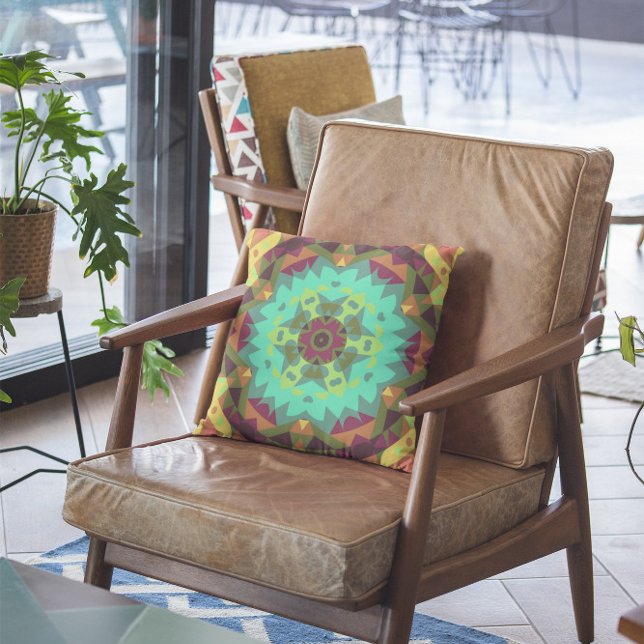 Retro Mandala Flower Green Purple and Orange Cushion (Creator Uploaded)