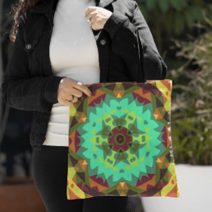 Retro Mandala Flower Green Purple and Orange Tote Bag