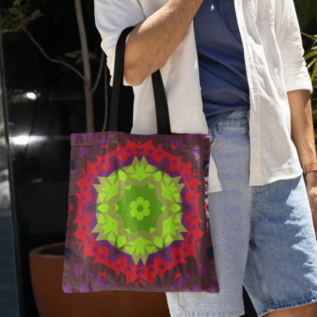 Retro Mandala Flower Green Red and Purple Tote Bag (Creator Uploaded)