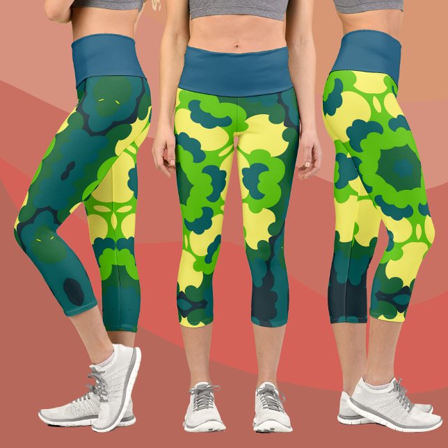 Retro Mandala Flower Green Yellow and Blue Capri Leggings (Creator Uploaded)