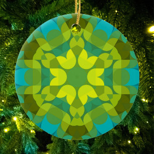 Retro Mandala Flower Green Yellow and Blue Ceramic Ornament