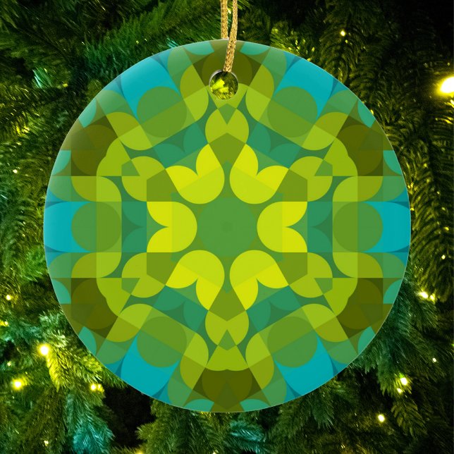 Retro Mandala Flower Green Yellow and Blue Ceramic Ornament (Creator Uploaded)
