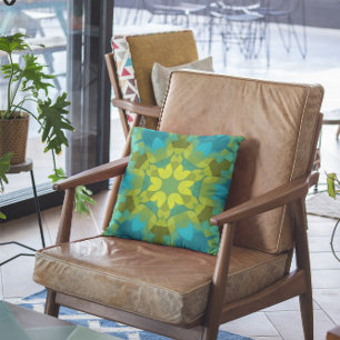 Retro Mandala Flower Green Yellow and Blue Cushion