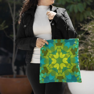 Retro Mandala Flower Green Yellow and Blue Tote Bag