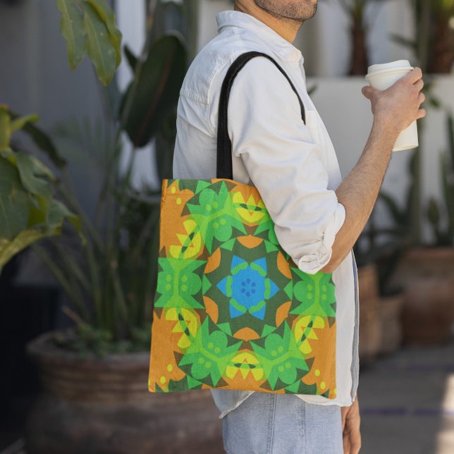 Retro Mandala Flower Green Yellow and Blue Tote Bag (Creator Uploaded)