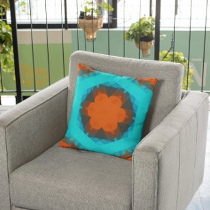 Retro Mandala Flower Orange and Blue Cushion