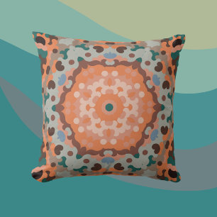 Retro Mandala Flower Orange Blue and Brown Cushion