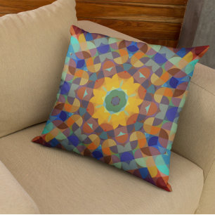 Retro Mandala Flower Orange Blue and Green Cushion