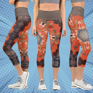 Retro Mandala Flower Orange Blue and Tan Capri Leggings