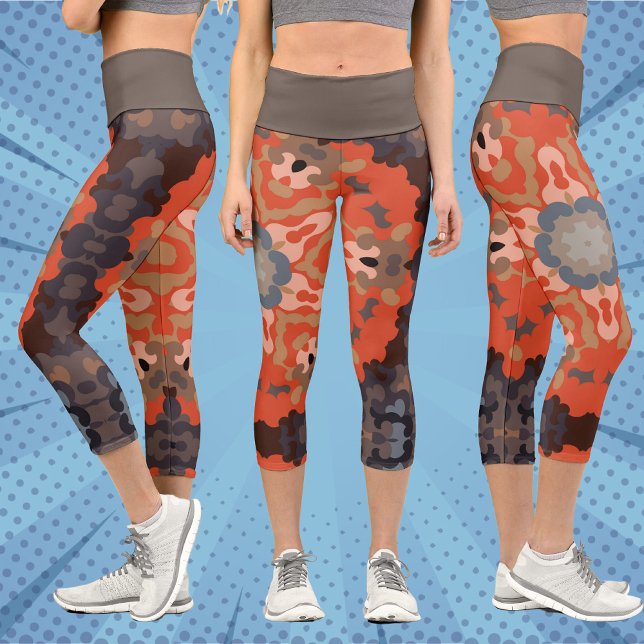 Retro Mandala Flower Orange Blue and Tan Capri Leggings (Creator Uploaded)