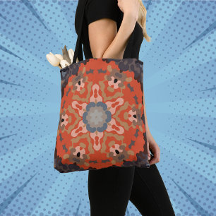 Retro Mandala Flower Orange Blue and Tan Tote Bag