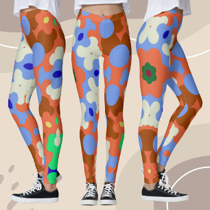 Retro Mandala Flower Orange Blue and Yellow Leggings