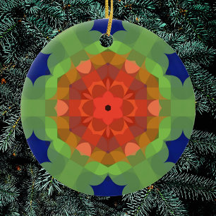 Retro Mandala Flower Orange Green and Blue Ceramic Ornament