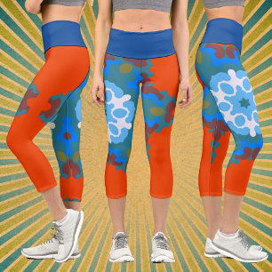 Retro Mandala Flower Orange White and Blue Capri Leggings