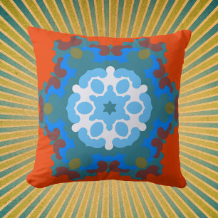 Retro Mandala Flower Orange White and Blue Cushion
