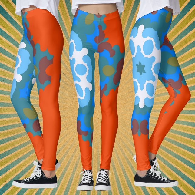 Retro Mandala Flower Orange White and Blue Leggings (Creator Uploaded)
