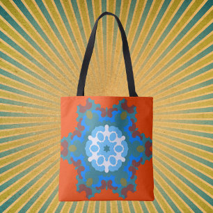 Retro Mandala Flower Orange White and Blue Tote Bag