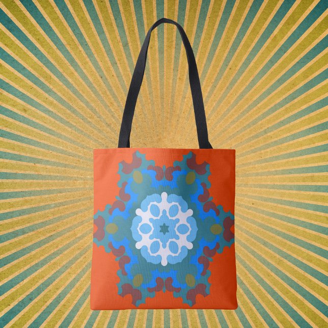 Retro Mandala Flower Orange White and Blue Tote Bag (Creator Uploaded)