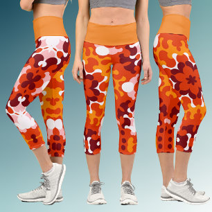 Retro Mandala Flower Orange White and Yellow Capri Leggings