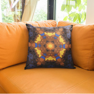 Retro Mandala Flower Orange Yellow and Blue Cushion