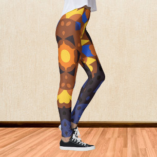 Retro Mandala Flower Orange Yellow and Blue Leggings