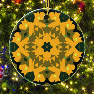 Retro Mandala Flower Orange Yellow and Green Ceramic Ornament