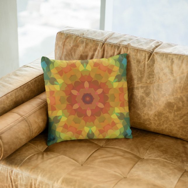 Retro Mandala Flower Orange Yellow and Green Cushion (Creator Uploaded)