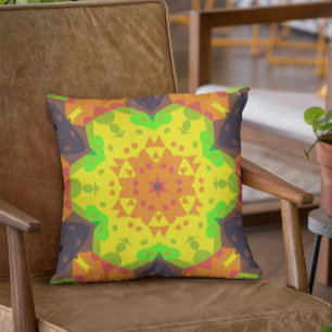 Retro Mandala Flower Orange Yellow and Green Cushion