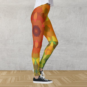 Retro Mandala Flower Orange Yellow and Green Leggings