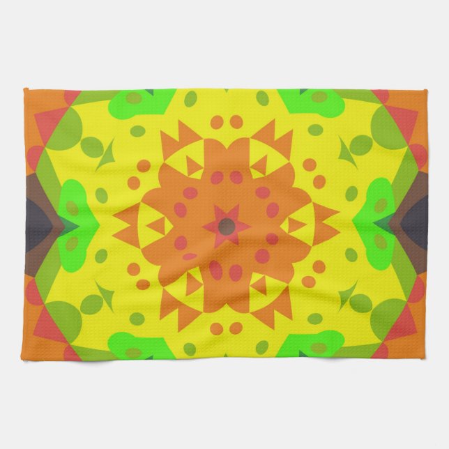Retro Mandala Flower Orange Yellow and Green Tea Towel (Horizontal)