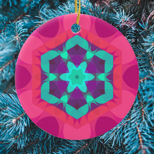 Retro Mandala Flower Pink Blue and Purple Ceramic Ornament