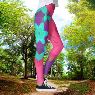 Retro Mandala Flower Pink Blue and Purple Leggings