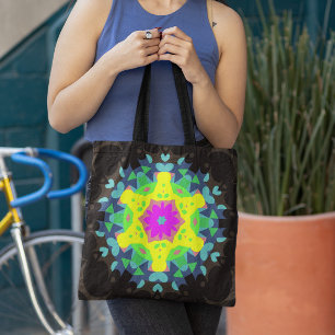 Retro Mandala Flower Pink Yellow and Blue Tote Bag