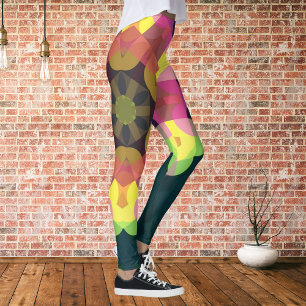 Retro Mandala Flower Pink Yellow and Green Leggings