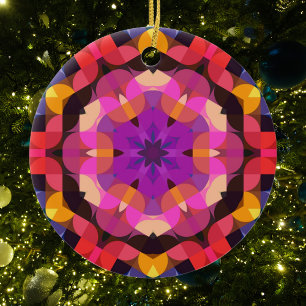Retro Mandala Flower Purple Pink and Yellow Ceramic Ornament
