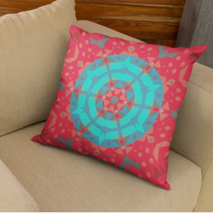 Retro Mandala Flower Red and Blue Cushion