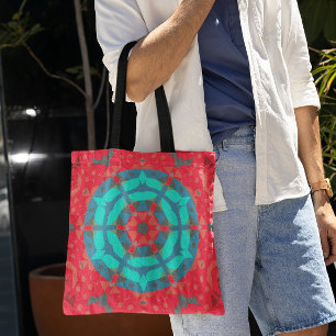 Retro Mandala Flower Red and Blue Tote Bag