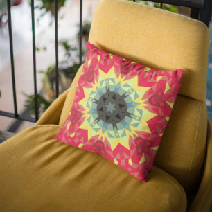 Retro Mandala Flower Red and Yellow Cushion