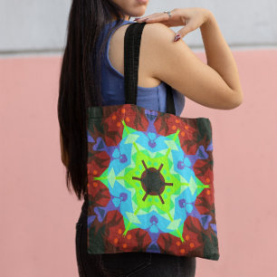 Retro Mandala Flower Red Blue and Green Tote Bag