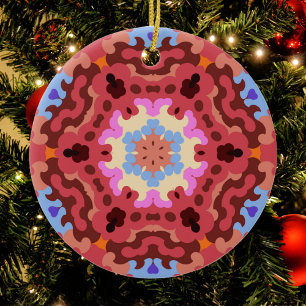 Retro Mandala Flower Red Blue and Orange Ceramic Ornament