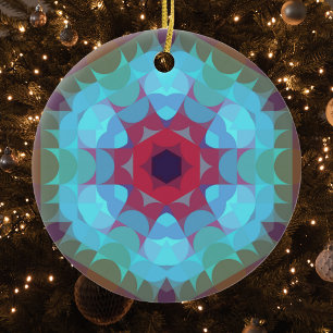 Retro Mandala Flower Red Blue and Purple Ceramic Ornament