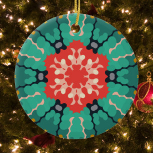 Retro Mandala Flower Red Blue and Yellow Ceramic Ornament