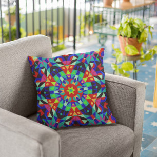 Retro Mandala Flower Red Green and Blue Cushion