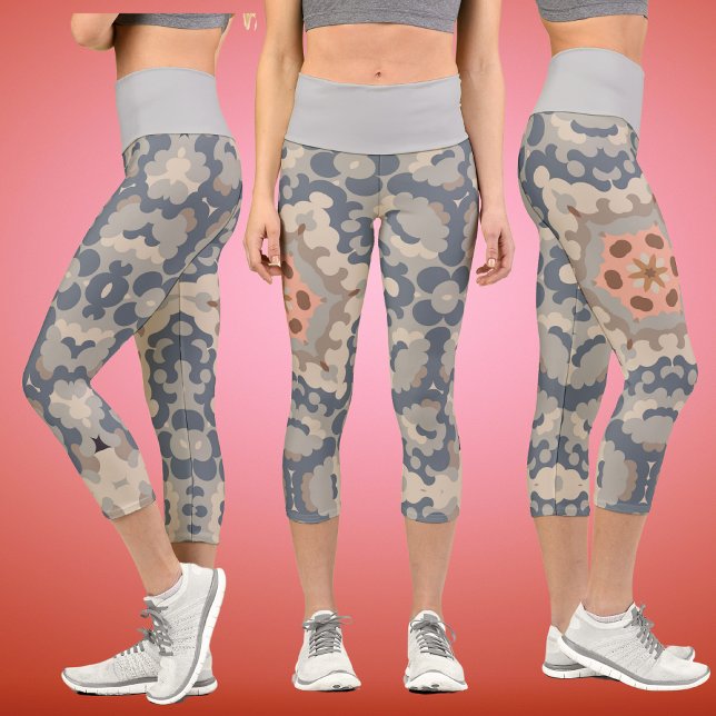 Retro Mandala Flower Tan Blue and Orange Capri Leggings (Creator Uploaded)